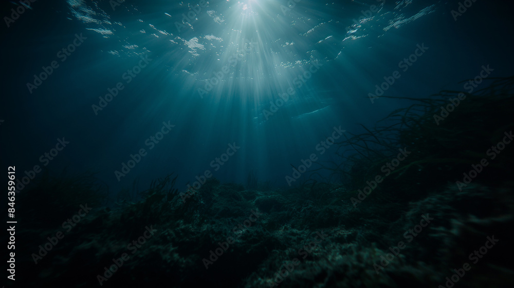 Fototapeta premium Sun rays penetrating the rocky ocean floor carved by the wave. Underwater photography. Landscape. Cinematic mood.