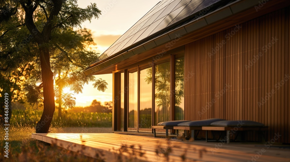Surburban modern passive house with solar panels and wooden seats at golden hour Surburban modern passive house with solar panels and wooden seats at golden hour