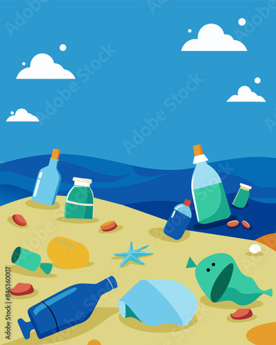 Piles of plastic bottles bags and wrappers lay strewn across the beach a sad sight for beachgoers and marine life alike.. Vector illustration