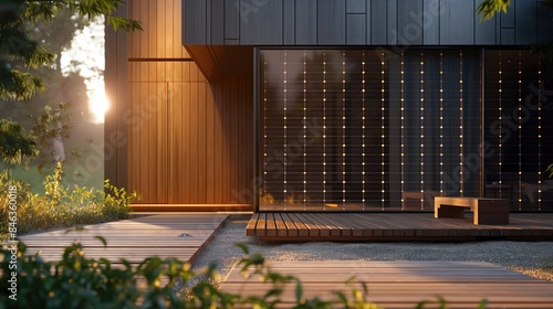 Surburban modern passive house with solar panels and wooden seats at golden hour photo