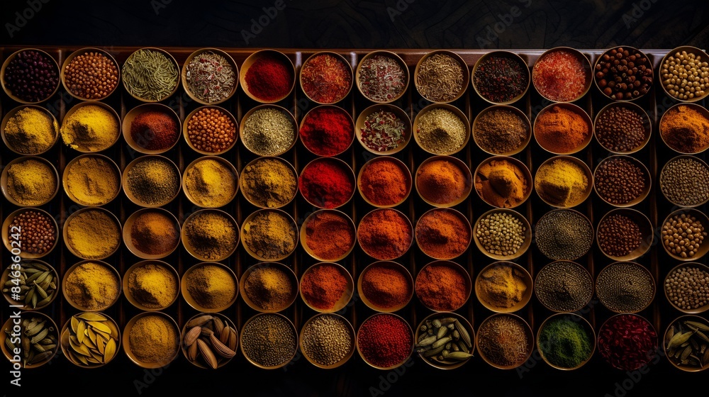 Vast array of different spices, top view Vast array of different spices, top view