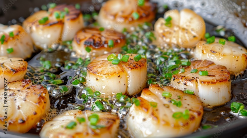 A pan filled with cooked scallops, garnished with green onions A pan filled with cooked scallops, garnished with green onions