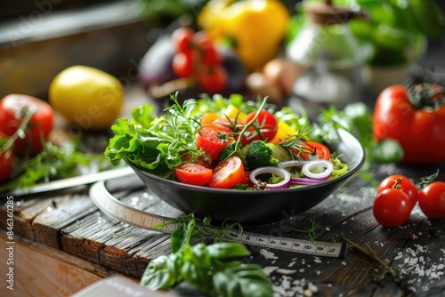 A bowl of salad with a variety of vegetables including tomatoes, onions