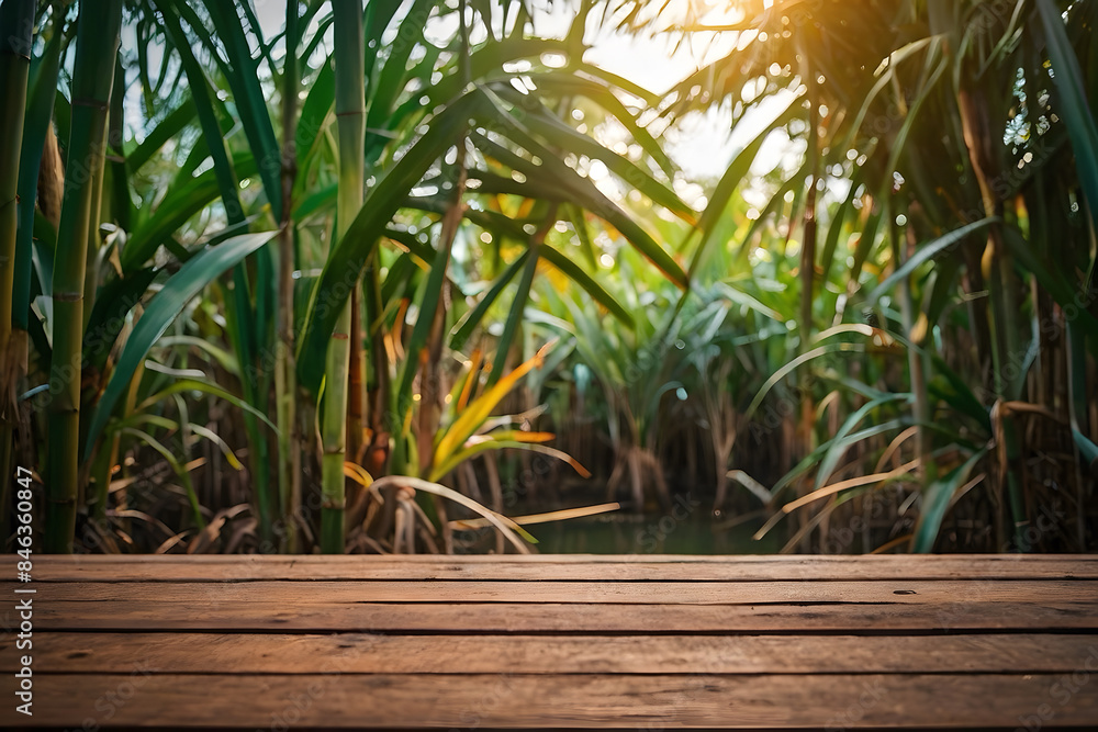 A wooden table with a sugarcane background A wooden table with a sugarcane background