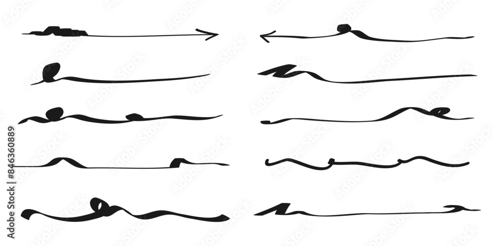 Hand drawn set of underline, curly swishes, swashes, swoops. swirl. Highlight text elements. vector illustration Hand drawn set of underline, curly swishes, swashes, swoops. swirl. Highlight text elements. vector illustration