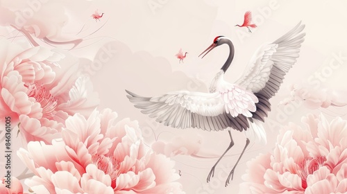Wallpaper Mural Modern seamless pattern of peonies and cranes in vintage . Abstract art illustration. Torontodigital.ca