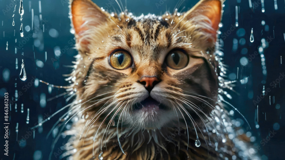 A close-up of a cat with water droplets falling on it A close-up of a cat with water droplets falling on it