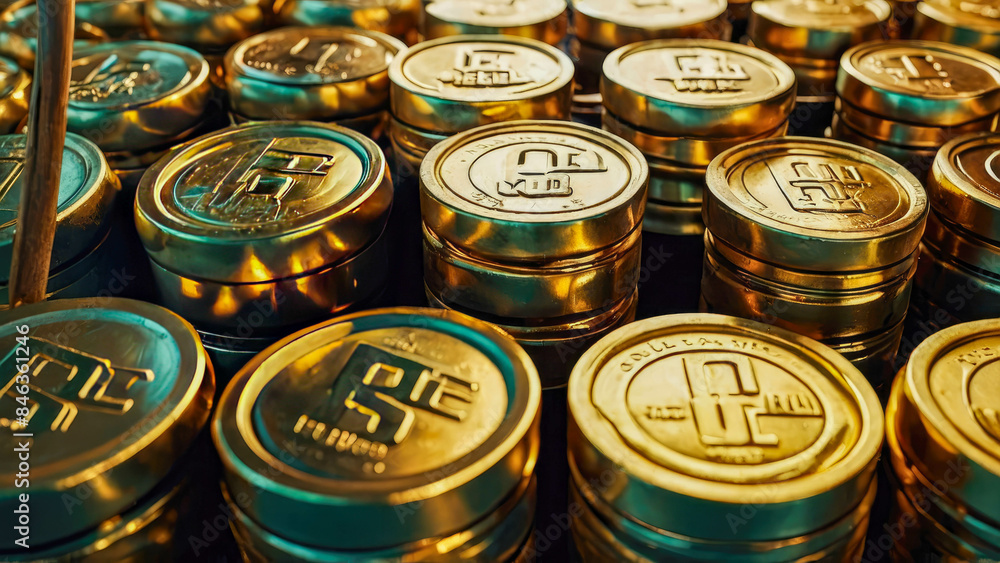Stacks of golden coins gradually increasing in height from left to right, suggesting financial growth or savings Stacks of golden coins gradually increasing in height from left to right, suggesting financial growth or savings