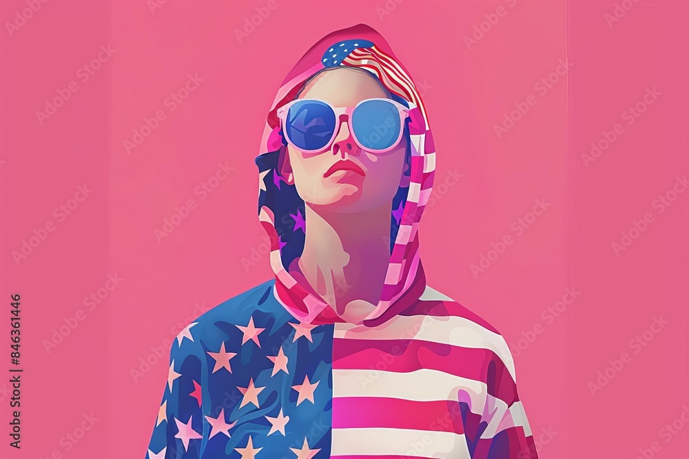 A frontal view of a person wearing a vibrant American flag-inspired outfit with a modern twist, showcasing patriotic clothing in a unique and stylish way A frontal view of a person wearing a vibrant American flag-inspired outfit with a modern twist, showcasing patriotic clothing in a unique and stylish way
