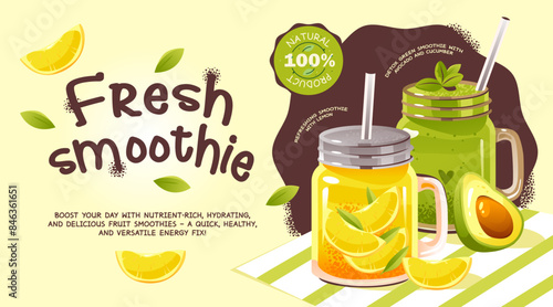 Advertising banner with fruit cocktails. Poster template with summer drinks and detox smoothies.
