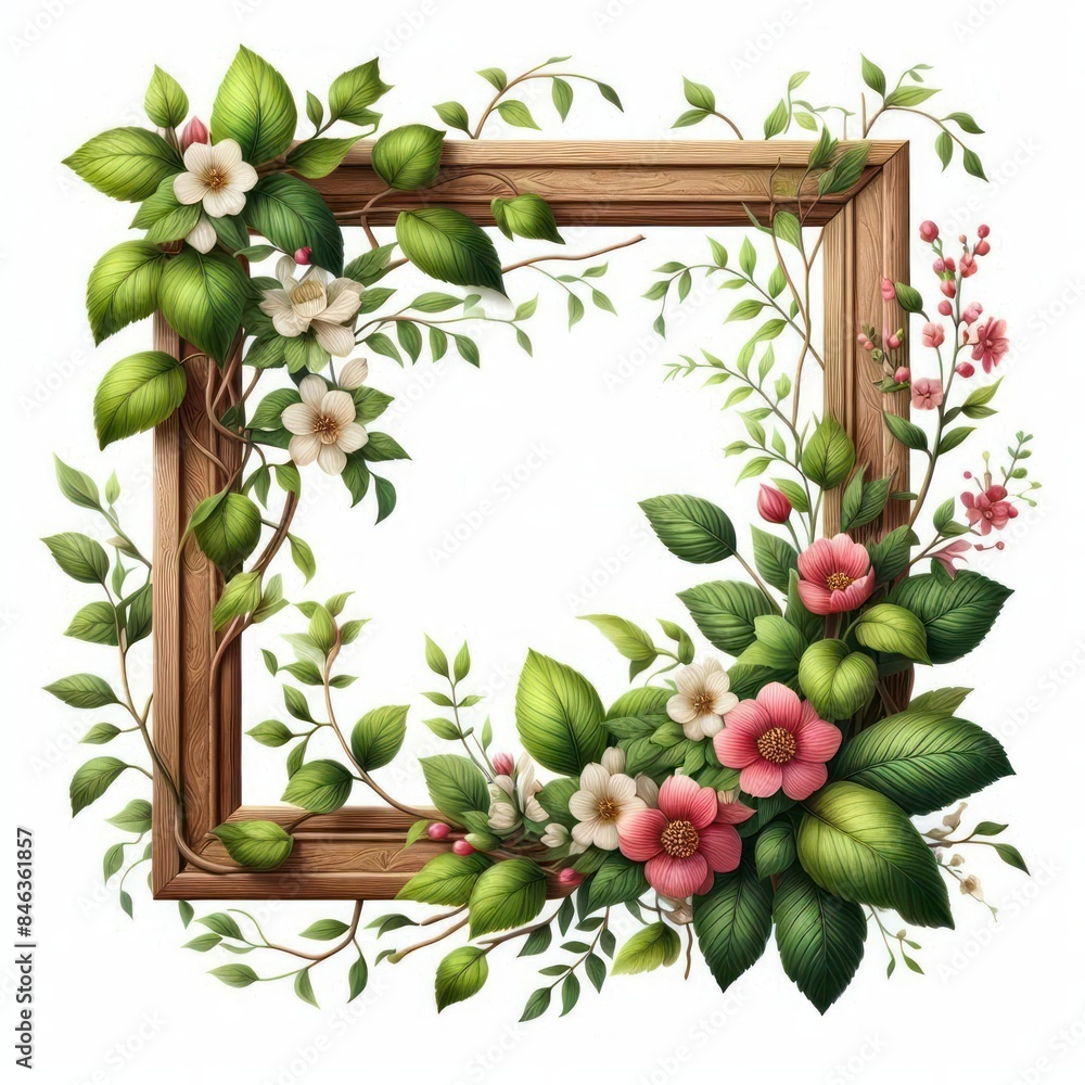 wooden frame with green leaves and blooming flowers Isolated on white background wooden frame with green leaves and blooming flowers Isolated on white background