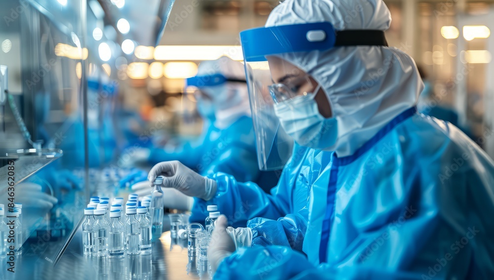 A closeup shot shows medical workers in blue protective suits and masks sitting at a factory production line A closeup shot shows medical workers in blue protective suits and masks sitting at a factory production line