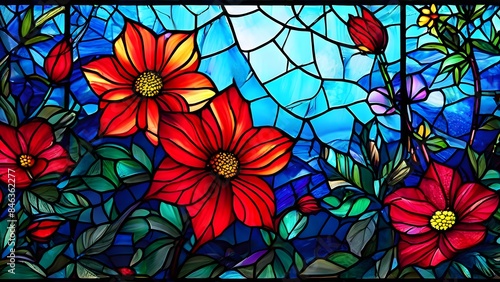 Stained glass background with colorful pieces.