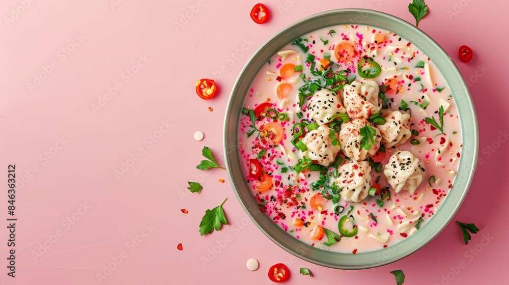 A pink surface holds a bowl of vegetable-laden food, garnished withconfetti and sprinkles A pink surface holds a bowl of vegetable-laden food, garnished withconfetti and sprinkles