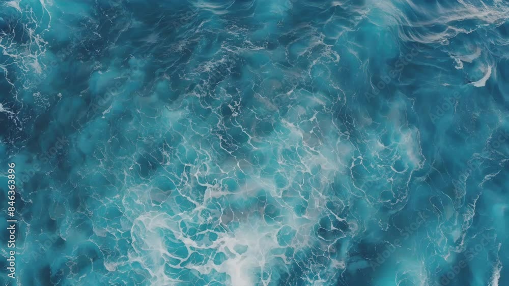 Vitality of blue energy and clear ocean water. Powerful stormy sea waves in top-down drone shot perspective. Crashing wave line in Open Atlantic sea with foamy white texture. Vitality of blue energy and clear ocean water. Powerful stormy sea waves in top-down drone shot perspective. Crashing wave line in Open Atlantic sea with foamy white texture.