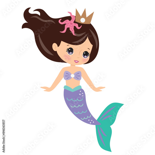 Beautiful sea mermaid princess vector cartoon illustration