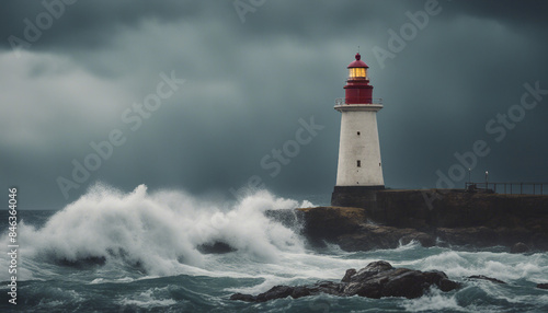 A lighthouse standing tall against a stormy sea 