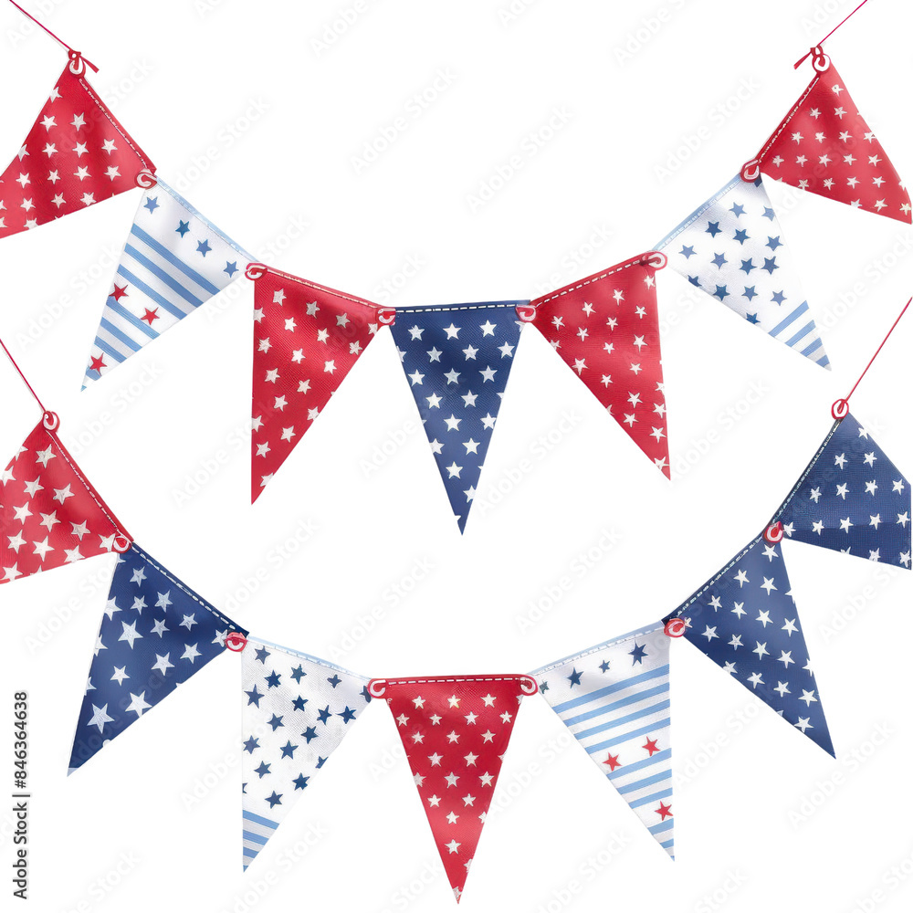 Obraz premium Patriotic triangular bunting with red, white, and blue colors and star patterns, perfect for celebrating national holidays and events.