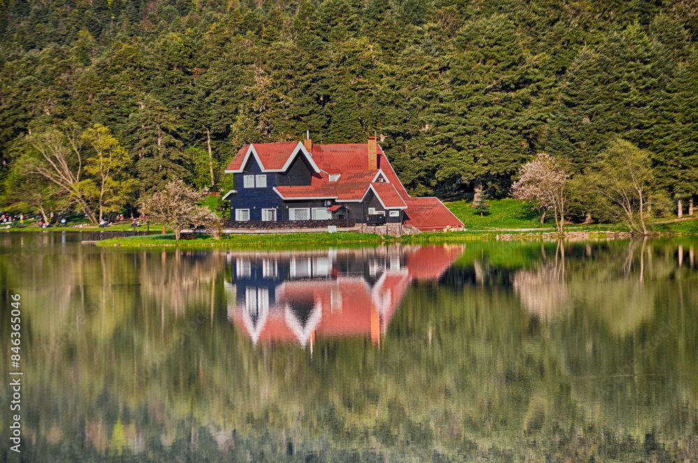 Wooden lake house inside forest in Golcuk National Park, Bolu, Turkey Wooden lake house inside forest in Golcuk National Park, Bolu, Turkey