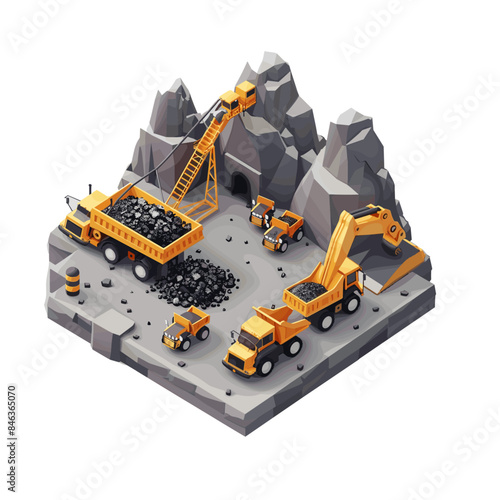 A square base with gray stone, on top of which there is an excavator and other trucks carrying coal. As for the design style