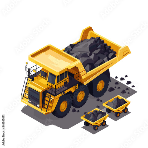 isometric view of three trucks full of coal, white background, game asset