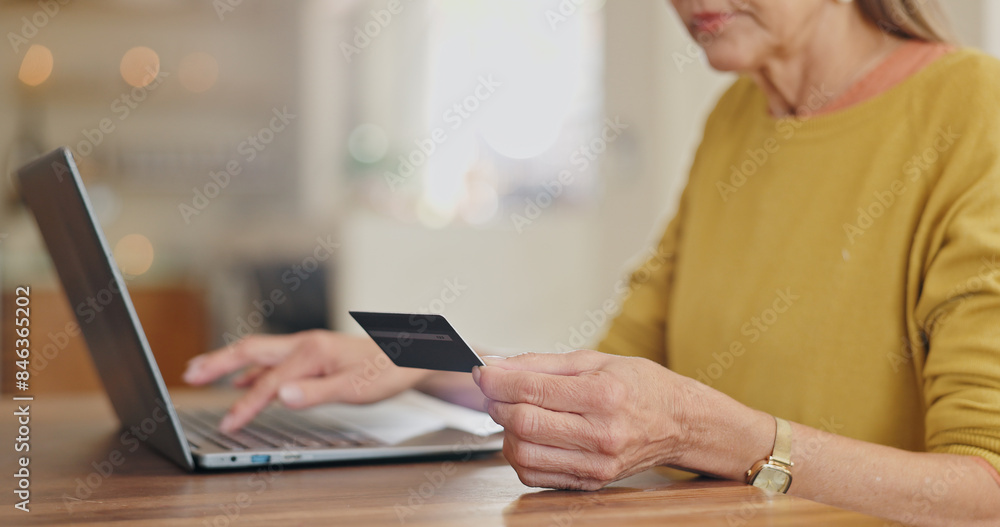 Fototapeta premium Credit card, hands or woman banking on laptop, internet or web for mortgage, bills or payment in home. Senior, ecommerce or closeup of person for online shopping deal or investment planning research