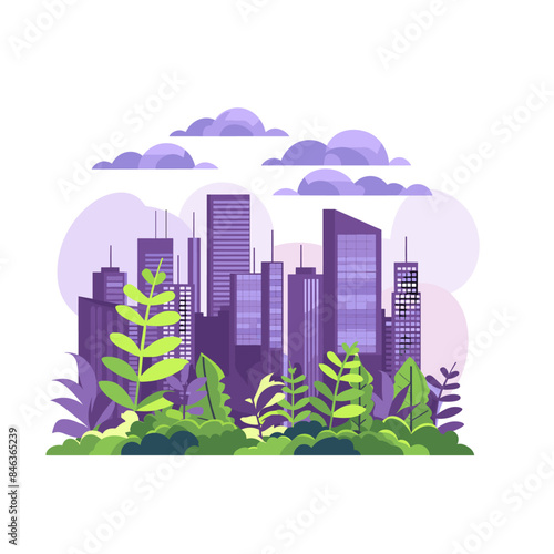 flat vector illustration of greenery and skyscrapers in purple tones, on a white background