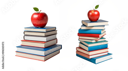 Pile of school books with red apple on top, back to school,  png isolated background