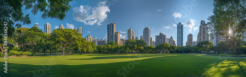 A panoramic view of a city park surrounded by high-rise buildings, with copy space. Generative AI.
