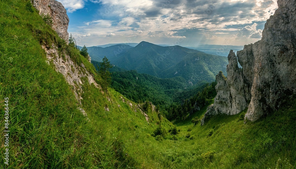 Fototapeta premium Mountain landscape with forest situated in the Velka Fatra mountain range in the Turiec Region, Slovakia. Hiking in the magical mountains.