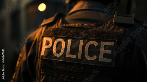 Fototapeta Naklejka Na Ścianę i Meble -  Close-up POLICE marking on the back of a bulletproof vest