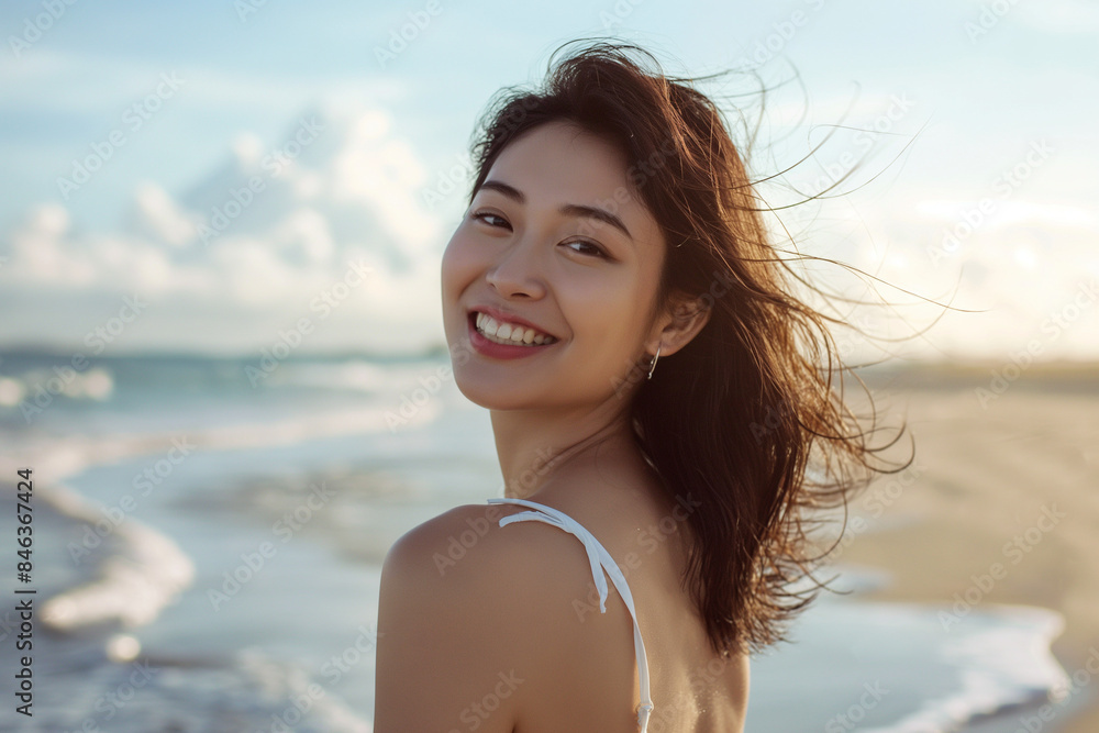 海辺に立つ女性、アジア人、笑顔 海辺に立つ女性、アジア人、笑顔