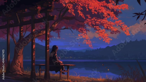 A girl sitting on a park bench under a tree, watching the dusk sky, perfect for lofi music background. Seamless looping time-lapse animation.