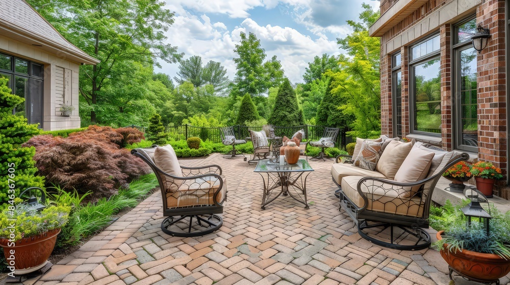 Fototapeta premium A comfortable outdoor wicker furniture set rests upon a patterned brick patio surrounded by lush green landscaping and bright daylight.