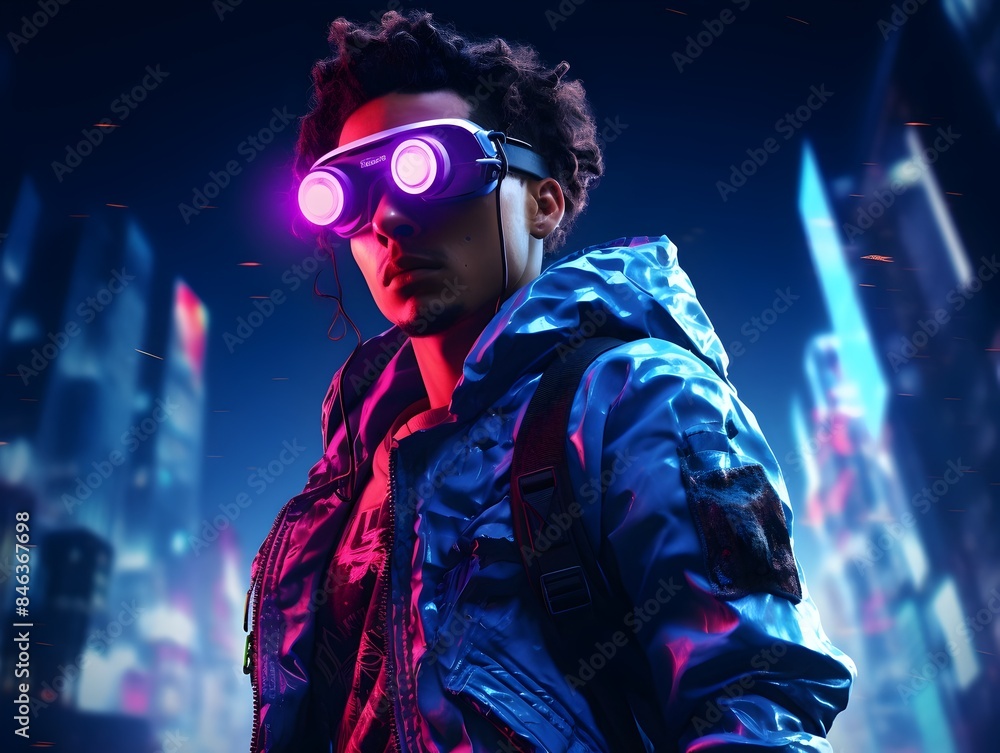 Character in Neon-Lit Futuristic Cityscape with Augmented Reality Glasses Character in Neon-Lit Futuristic Cityscape with Augmented Reality Glasses