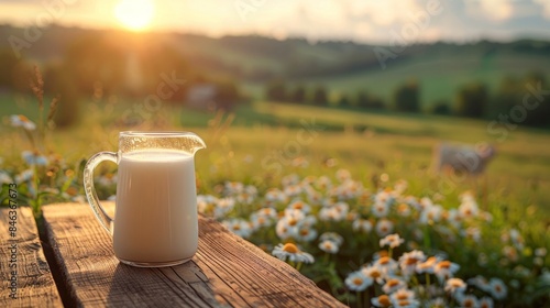 milk in a glass mug stands on a rough tabletop in a field against a blurred background of nature. mockup, the creator of the scene. dairy products. photo