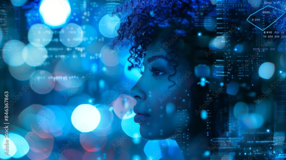 Thoughtful American Woman with Curly Hair, Double Exposure with Code and Data Visualizations in Vibrant Blue Hues, Illuminated by City Lights. Thoughtful American Woman with Curly Hair, Double Exposure with Code and Data Visualizations in Vibrant Blue Hues, Illuminated by City Lights.