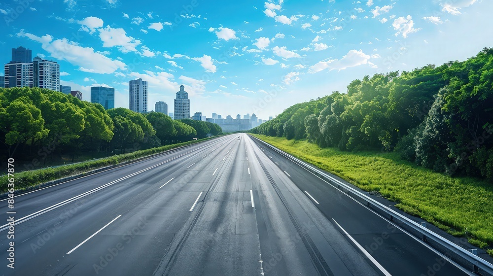 An empty highway with a historical city skyline on one side, featuring classic architectural styles, and on the other side, a lush green belt with old-growth trees providing a breath of fresh air. An empty highway with a historical city skyline on one side, featuring classic architectural styles, and on the other side, a lush green belt with old-growth trees providing a breath of fresh air.