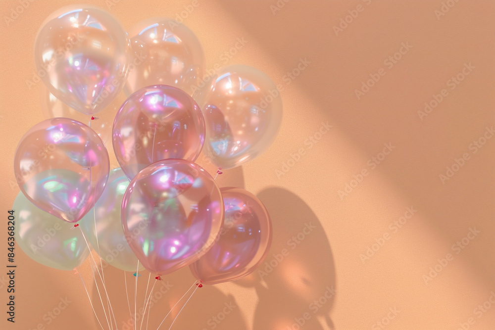 A cluster of balloons in translucent pastel hues, delicately arranged against a soft peach background, casting subtle shadows. A cluster of balloons in translucent pastel hues, delicately arranged against a soft peach background, casting subtle shadows.