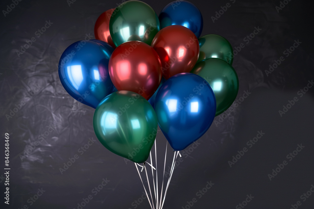A cluster of balloons in jewel tones (ruby red, sapphire blue, emerald green), arranged in a tight bouquet against a matte black background. A cluster of balloons in jewel tones (ruby red, sapphire blue, emerald green), arranged in a tight bouquet against a matte black background.