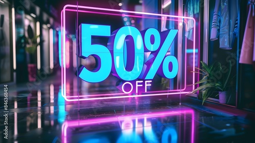 A neon sign advertising a 50 percent off sale in a modern retail store.