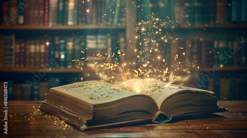 An open book sits on a table, glowing with magical dust. It is set against a blurry background of bookshelves filled with books. photo