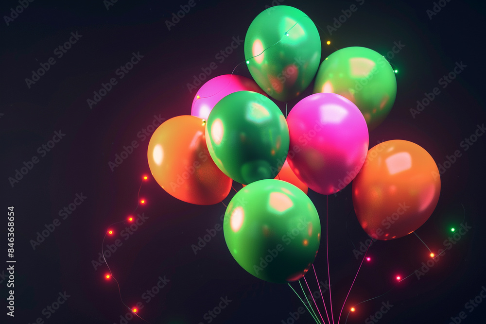 A cluster of balloons in vibrant neon colors (green, orange, pink), arranged randomly against a matte black background, with neon lights casting colorful glows. A cluster of balloons in vibrant neon colors (green, orange, pink), arranged randomly against a matte black background, with neon lights casting colorful glows.