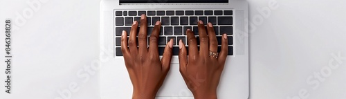 Magazine Photography Style of a woman's hands typing on a laptop keyboard, clean white background, copyspace