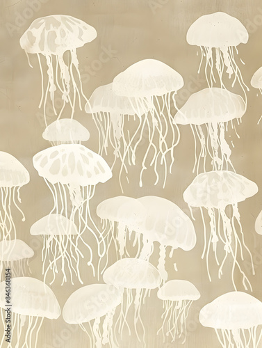 Ethereal White Jellyfish Floating on a Beige Abstract Background..