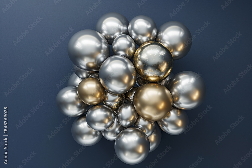 A cluster of balloons in metallic shades of silver and gold, arranged in a circular formation against a midnight blue background, resembling a celestial constellation. A cluster of balloons in metallic shades of silver and gold, arranged in a circular formation against a midnight blue background, resembling a celestial constellation.