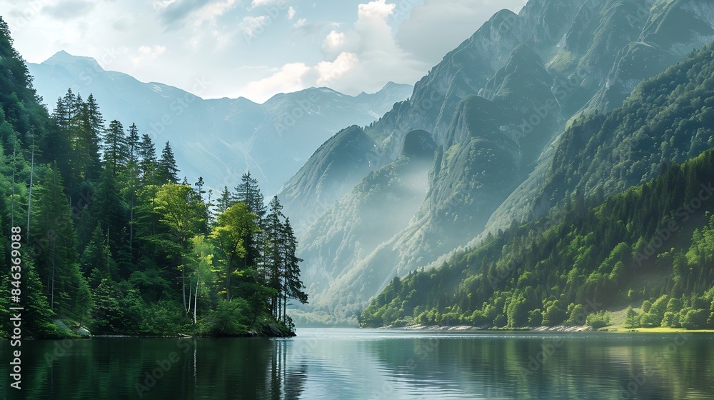 Fototapeta premium The mountain landscape and the river are in the foreground the mountain slopes are covered with green trees summer day mountain landscape : Generative AI