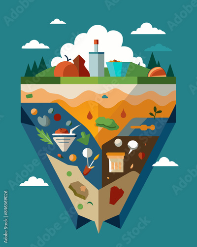The crosssection of a landfill resembling a largescale abstract painting made up of delicate layers of paper metal and food scraps.. Vector illustration