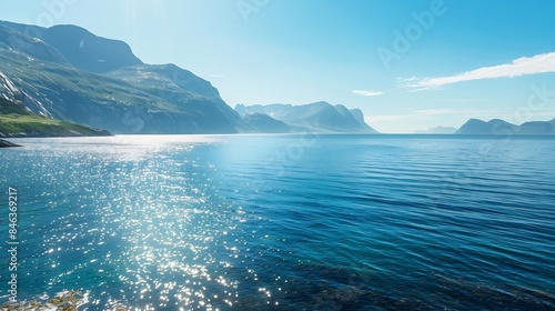Norwegian fjord landscape View of the open sea on the Western Cape Crystal clear water glistening in the sunshine Landscape from Scandinavia : Generative AI photo