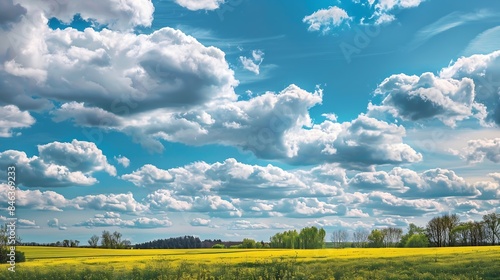 spring rapeseed field may landscape clouds blue sky : Generative AI photo